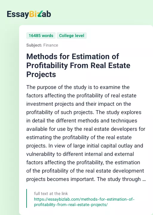 Methods for Estimation of Profitability From Real Estate Projects - Essay Preview