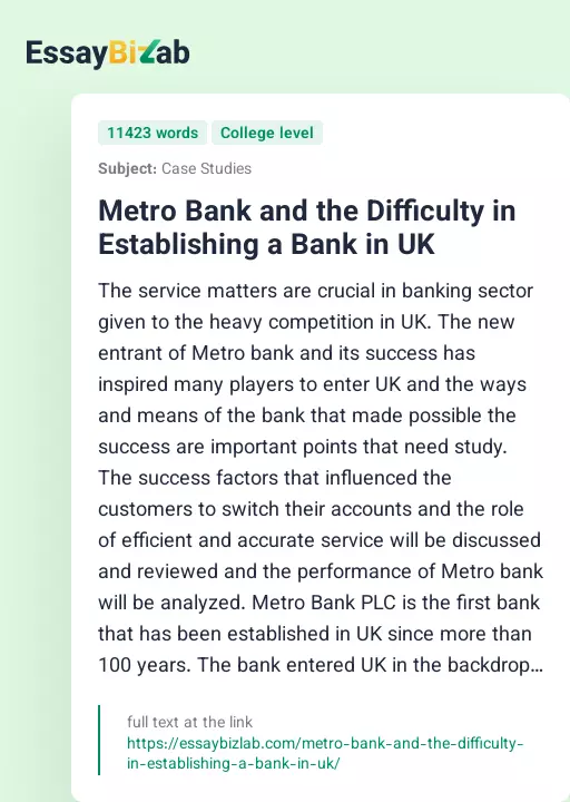 Metro Bank and the Difficulty in Establishing a Bank in UK - Essay Preview