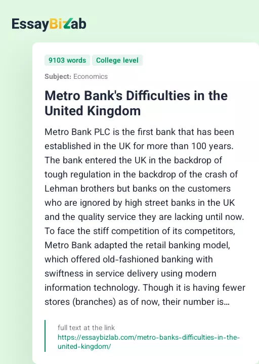 Metro Bank's Difficulties in the United Kingdom - Essay Preview