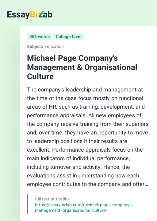 Michael Page Company's Management & Organisational Culture - Essay Preview