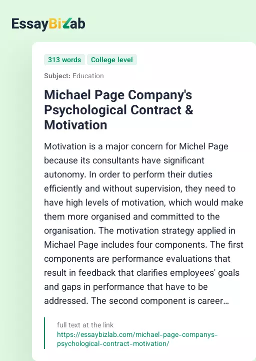 Michael Page Company's Psychological Contract & Motivation - Essay Preview