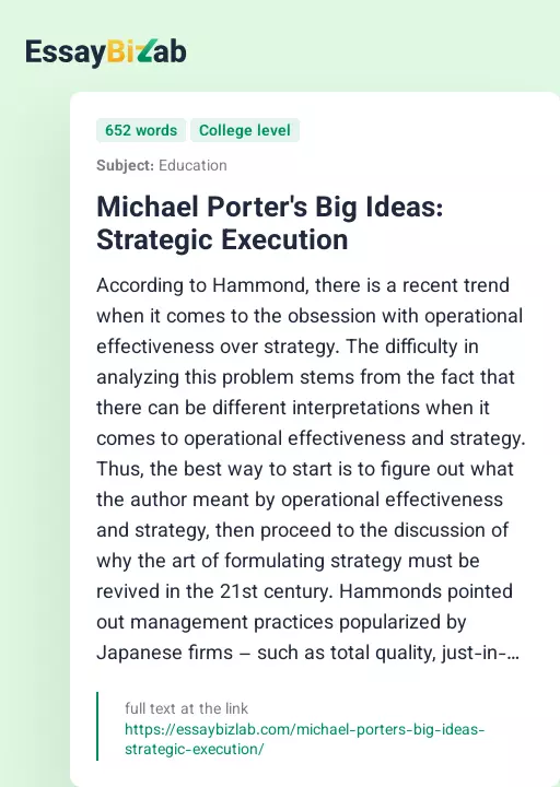 Michael Porter's Big Ideas: Strategic Execution - Essay Preview
