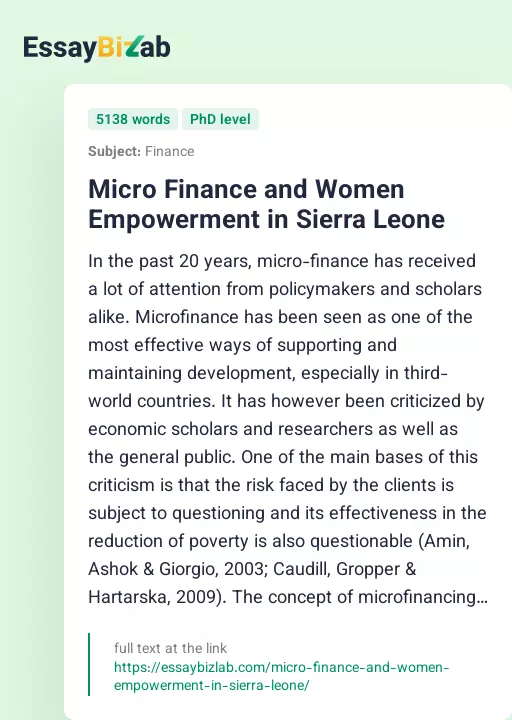 Micro Finance and Women Empowerment in Sierra Leone - Essay Preview