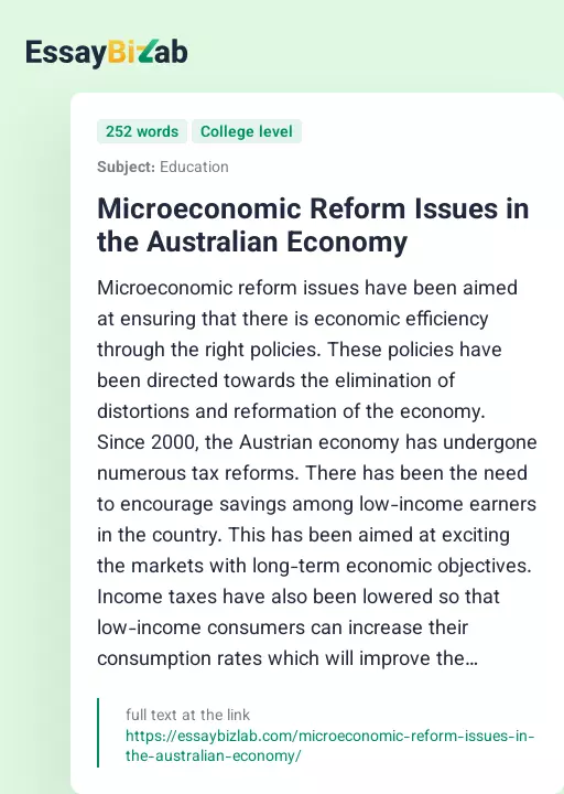 Microeconomic Reform Issues in the Australian Economy - Essay Preview