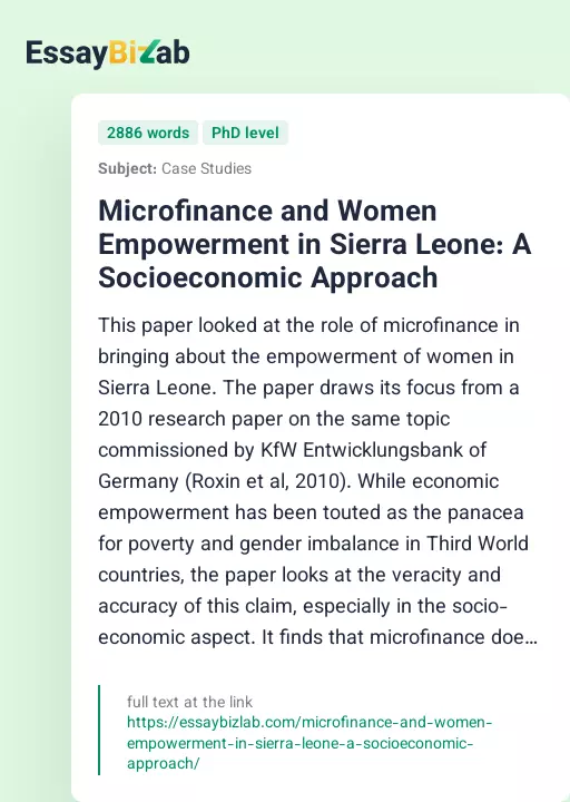 Microfinance and Women Empowerment in Sierra Leone: A Socioeconomic Approach - Essay Preview