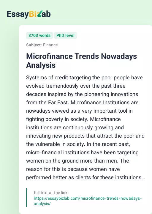 Microfinance Trends Nowadays Analysis - Essay Preview