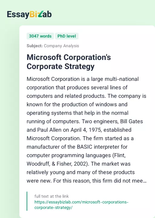 Microsoft Corporation's Corporate Strategy - Essay Preview