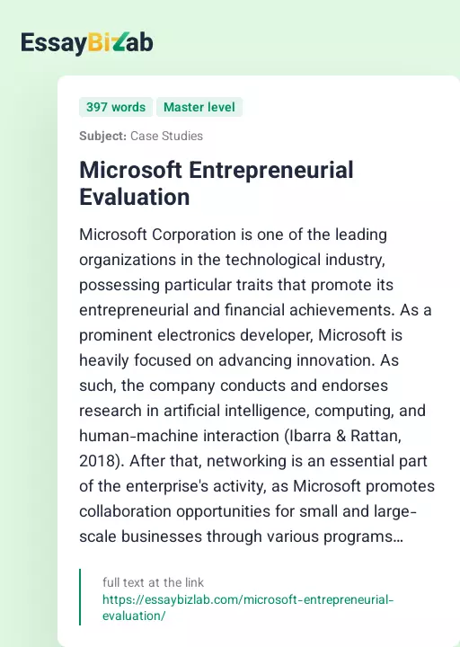 Microsoft Entrepreneurial Evaluation - Essay Preview