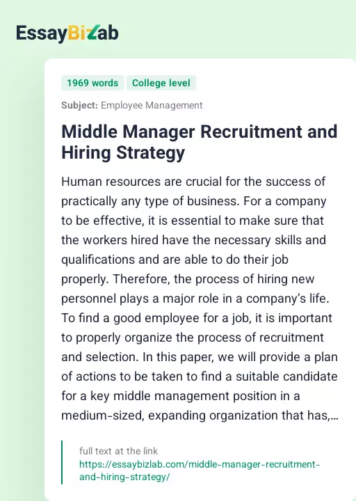Middle Manager Recruitment and Hiring Strategy - Essay Preview