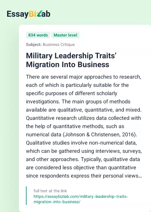 Military Leadership Traits’ Migration Into Business - Essay Preview