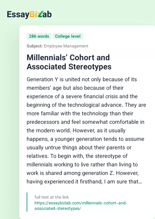 Millennials’ Cohort and Associated Stereotypes - Essay Preview