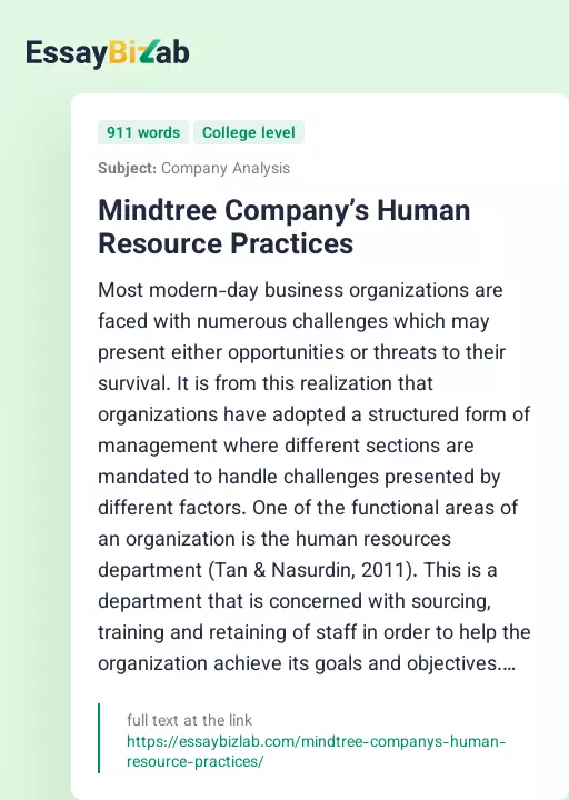 Mindtree Company’s Human Resource Practices - Essay Preview