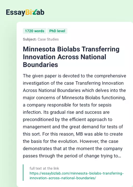 Minnesota Biolabs Transferring Innovation Across National Boundaries - Essay Preview