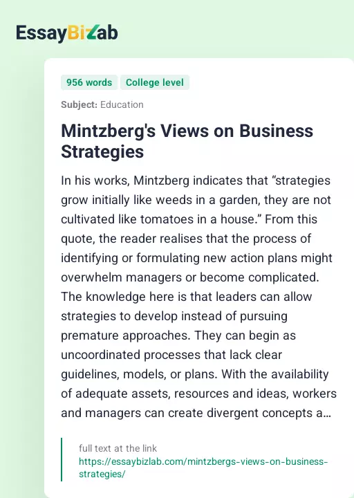 Mintzberg's Views on Business Strategies - Essay Preview