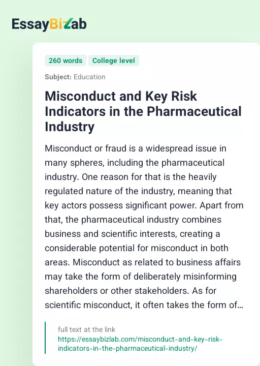 Misconduct and Key Risk Indicators in the Pharmaceutical Industry - Essay Preview