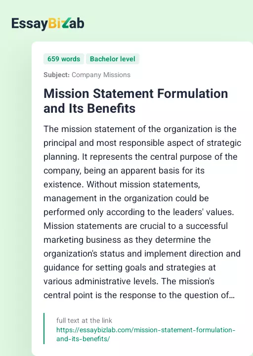 Mission Statement Formulation and Its Benefits - Essay Preview