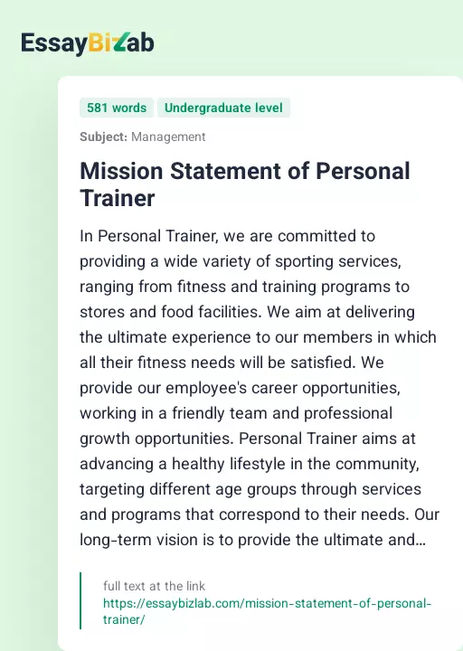 Mission Statement of Personal Trainer - Essay Preview