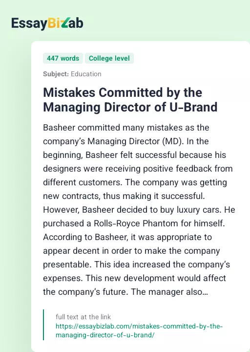 Mistakes Committed by the Managing Director of U-Brand - Essay Preview