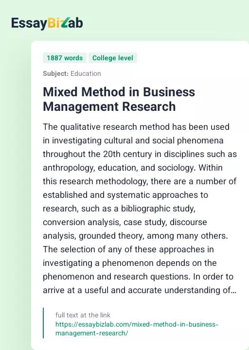 Mixed Method in Business Management Research - Essay Preview