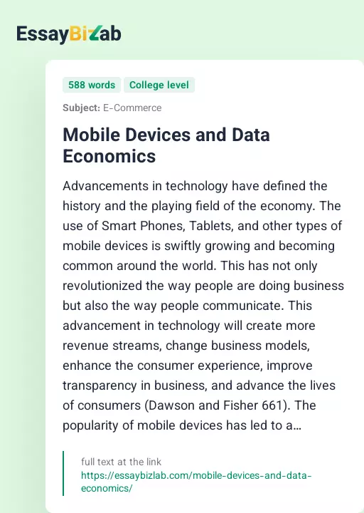 Mobile Devices and Data Economics - Essay Preview