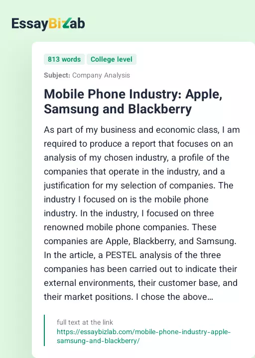 Mobile Phone Industry: Apple, Samsung and Blackberry - Essay Preview