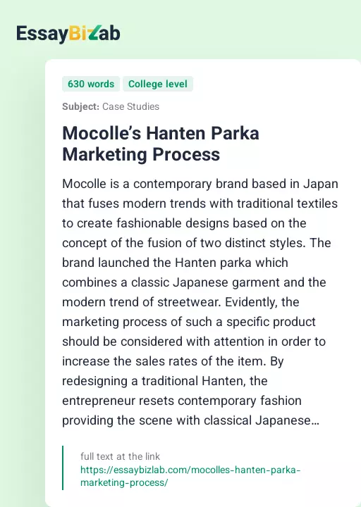Mocolle’s Hanten Parka Marketing Process - Essay Preview