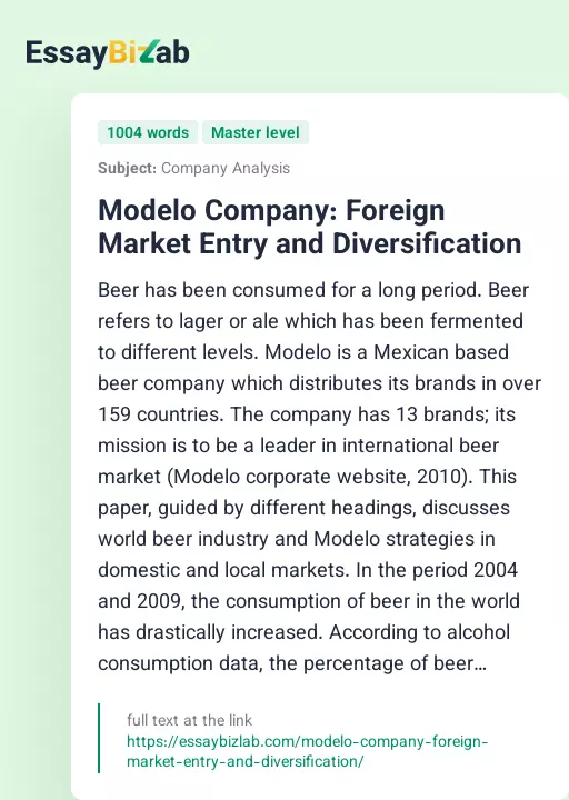 Modelo Company: Foreign Market Entry and Diversification - Essay Preview