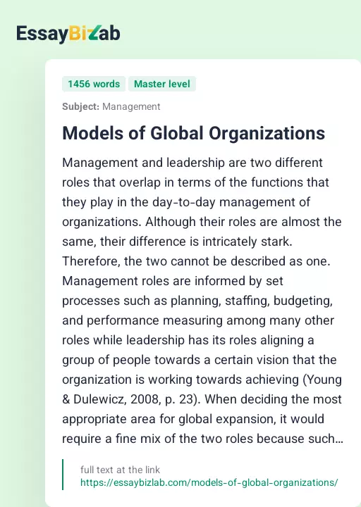 Models of Global Organizations - Essay Preview