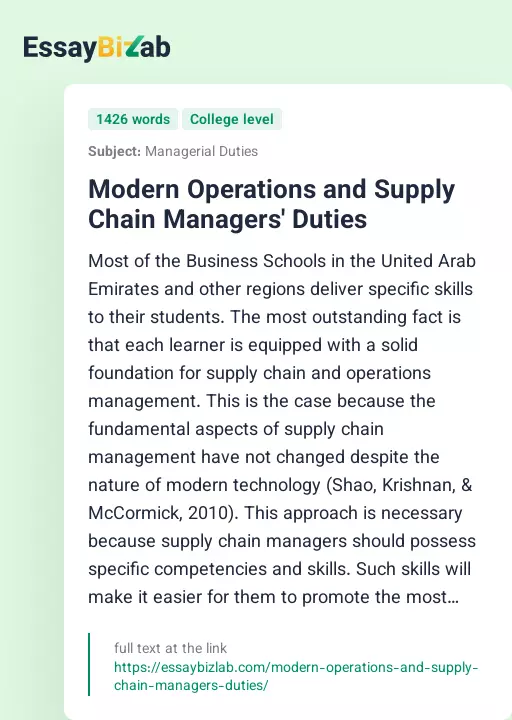 Modern Operations and Supply Chain Managers' Duties - Essay Preview