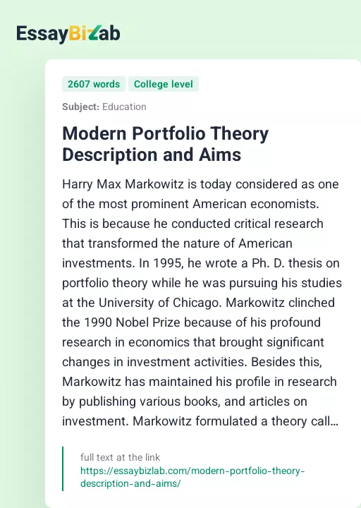 Modern Portfolio Theory Description and Aims - Essay Preview