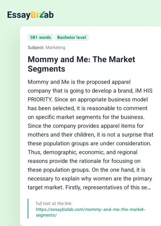 Mommy and Me: The Market Segments - Essay Preview