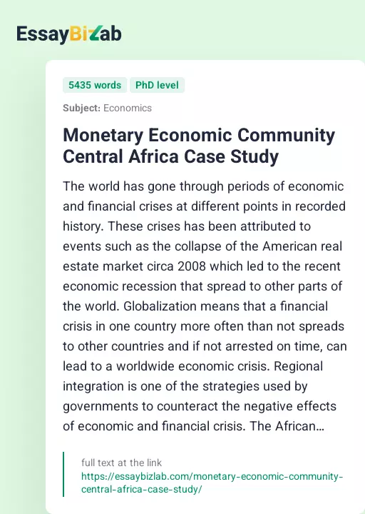 Monetary Economic Community Central Africa Case Study - Essay Preview