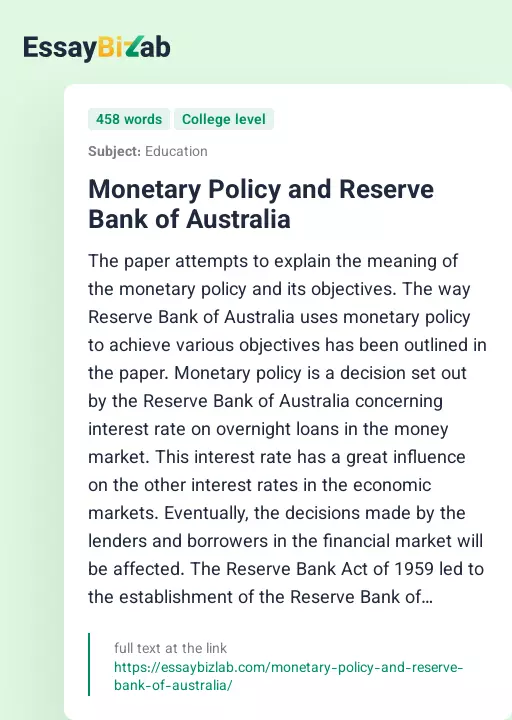 Monetary Policy and Reserve Bank of Australia - Essay Preview
