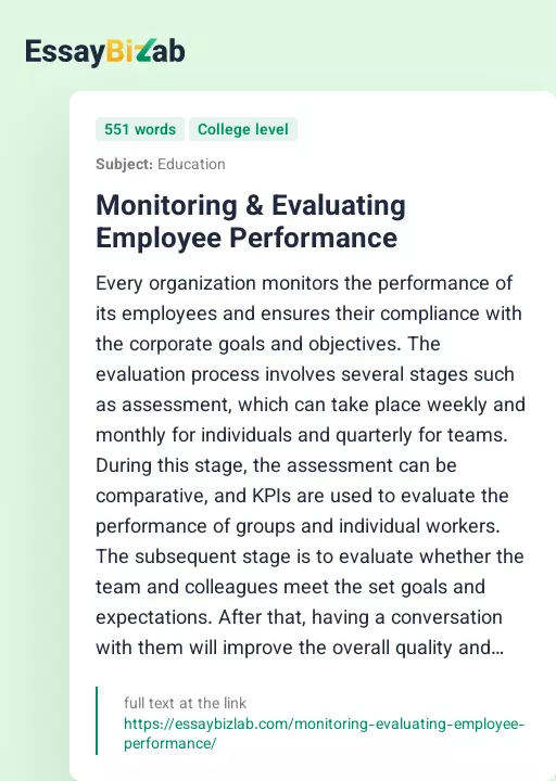 Monitoring & Evaluating Employee Performance - Essay Preview