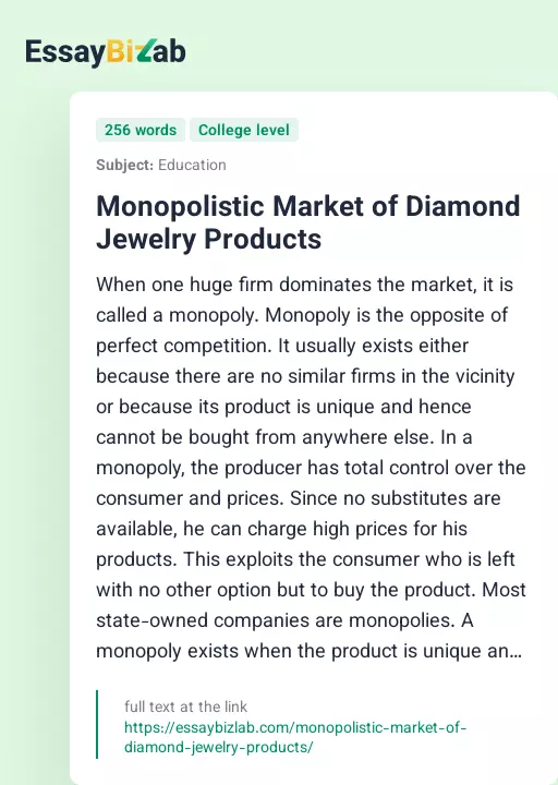 Monopolistic Market of Diamond Jewelry Products - Essay Preview