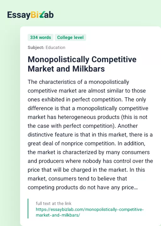 Monopolistically Competitive Market and Milkbars - Essay Preview