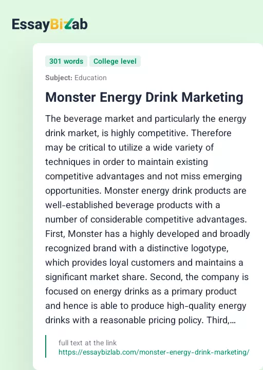 Monster Energy Drink Marketing - Essay Preview