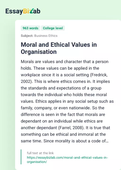 Moral and Ethical Values in Organisation - Essay Preview