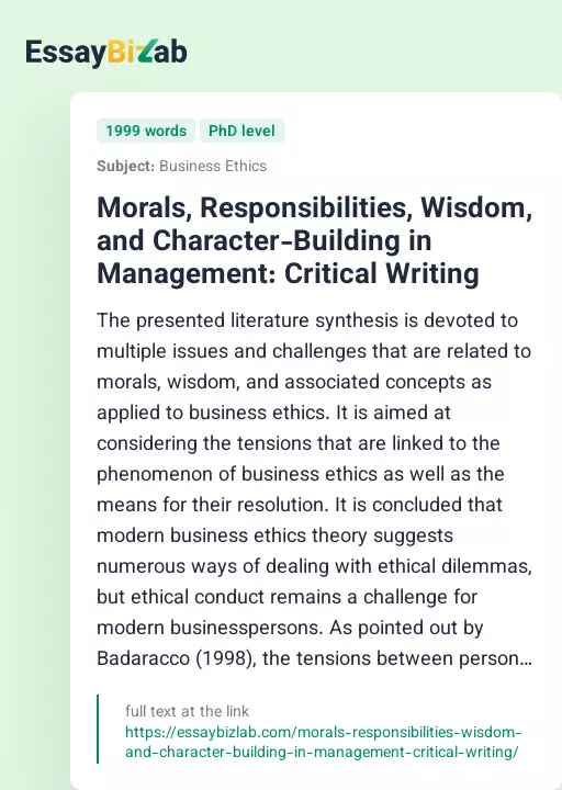 Morals, Responsibilities, Wisdom, and Character-Building in Management: Critical Writing - Essay Preview