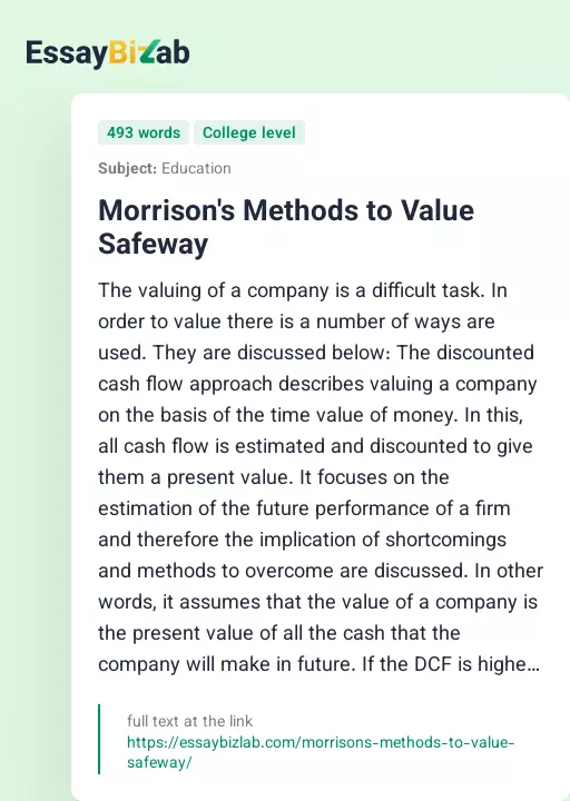 Morrison's Methods to Value Safeway - Essay Preview