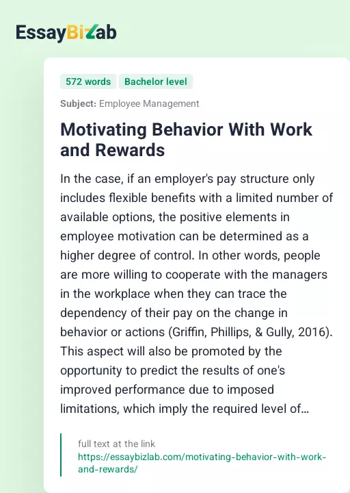 Motivating Behavior With Work and Rewards - Essay Preview