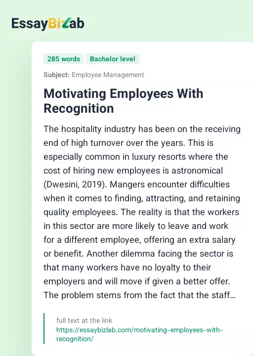 Motivating Employees With Recognition - Essay Preview