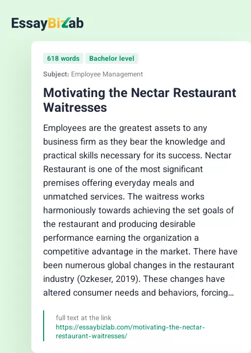 Motivating the Nectar Restaurant Waitresses - Essay Preview