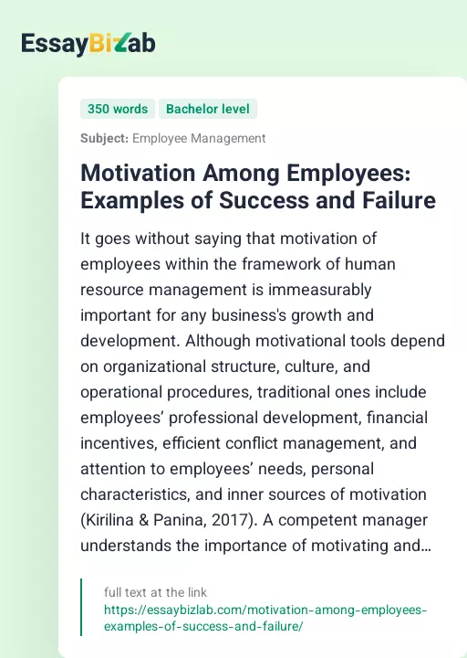 Motivation Among Employees: Examples of Success and Failure - Essay Preview