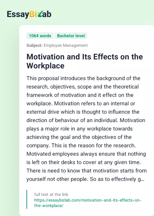 Motivation and Its Effects on the Workplace - Essay Preview