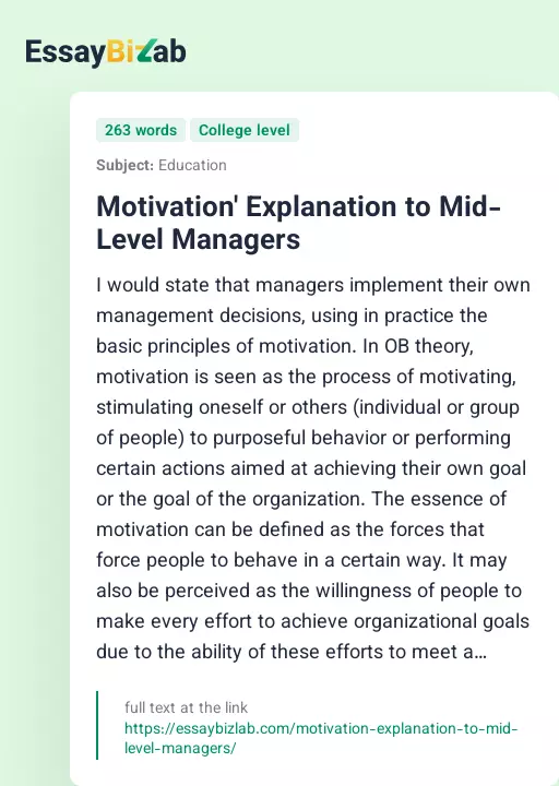 Motivation' Explanation to Mid-Level Managers - Essay Preview