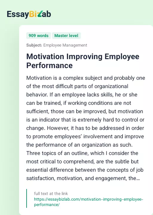 Motivation Improving Employee Performance - Essay Preview