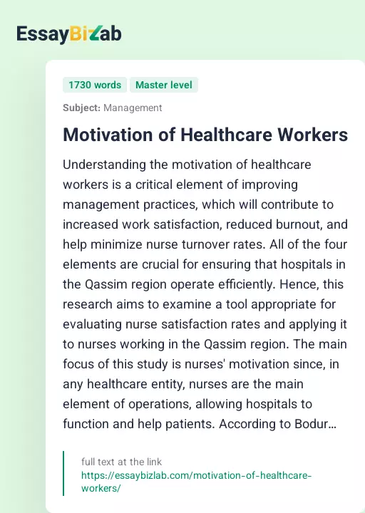 Motivation of Healthcare Workers - Essay Preview