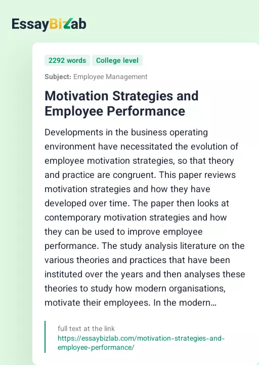 Motivation Strategies and Employee Performance - Essay Preview