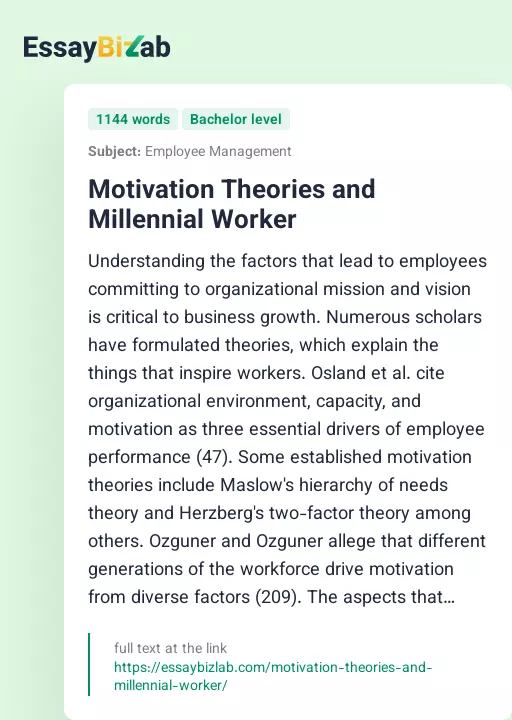 Motivation Theories and Millennial Worker - Essay Preview